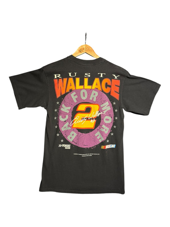OutOf10 vintage black Rusty Wallace NASCAR graphic t-shirt featuring a circular back print with signature and logo