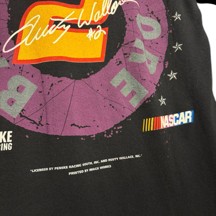 OutOf10 vintage black cotton NASCAR t-shirt featuring a Rusty Wallace No. 2 graphic with stars and logo details.