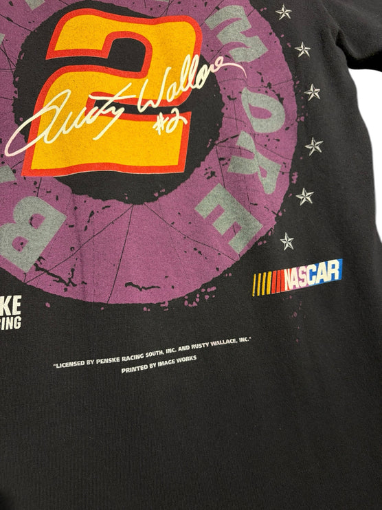 OutOf10 vintage black cotton NASCAR t-shirt featuring a Rusty Wallace No. 2 graphic with stars and logo details.