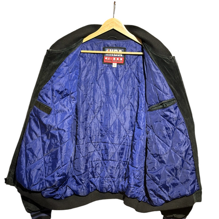 OutOf10 Sacramento Kings suede bomber jacket featuring a vibrant blue quilted interior lining and ribbed trim.