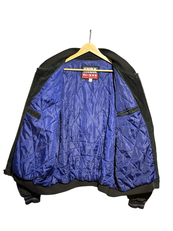 OutOf10 Sacramento Kings suede bomber jacket featuring a vibrant blue quilted interior lining and ribbed trim.