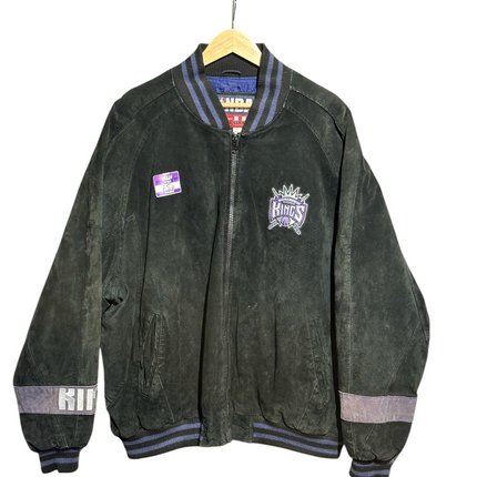 OutOf10 black suede Sacramento Kings bomber jacket with embroidered team logo, ribbed trim, and full-zip front.