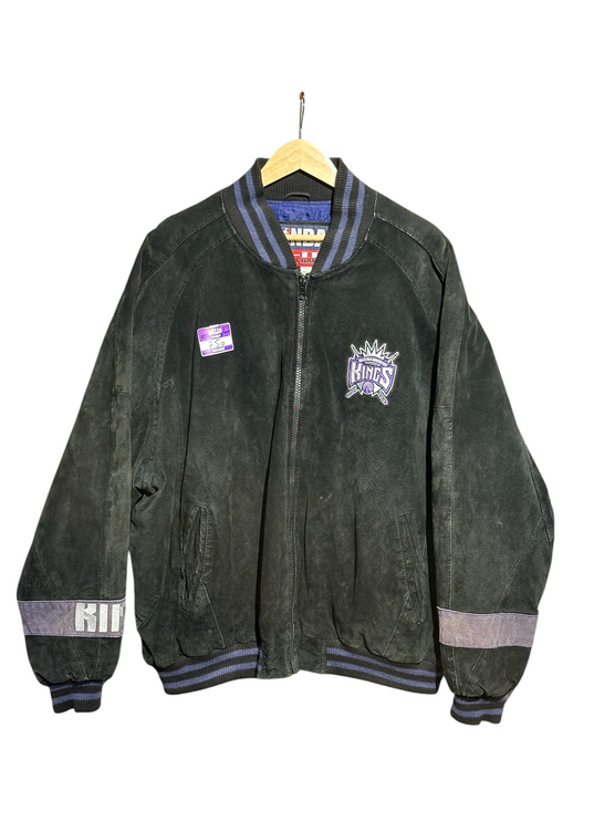 OutOf10 black suede Sacramento Kings bomber jacket with embroidered team logo, ribbed trim, and full-zip front.