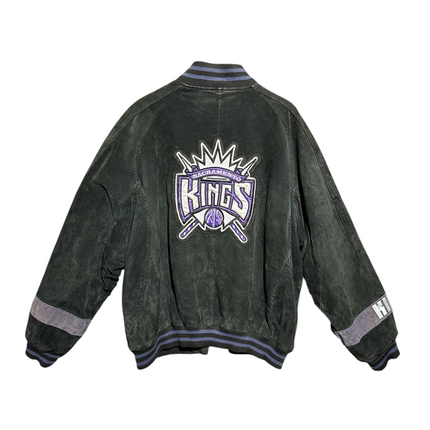OutOf10 black suede Sacramento Kings bomber jacket with embroidered team logo on the back and ribbed striped trim.
