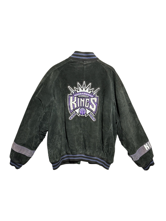 OutOf10 black suede Sacramento Kings bomber jacket with embroidered team logo on the back and ribbed striped trim.