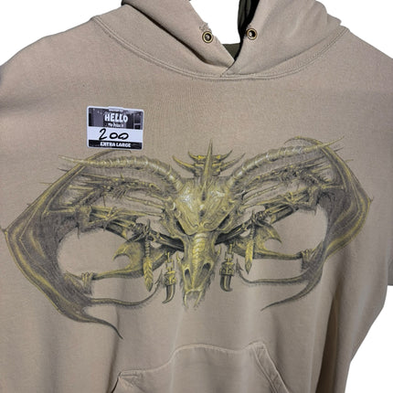 OutOf10 sand-beige cotton-blend pullover hoodie featuring a detailed dark fantasy dragon graphic print and kangaroo pocket