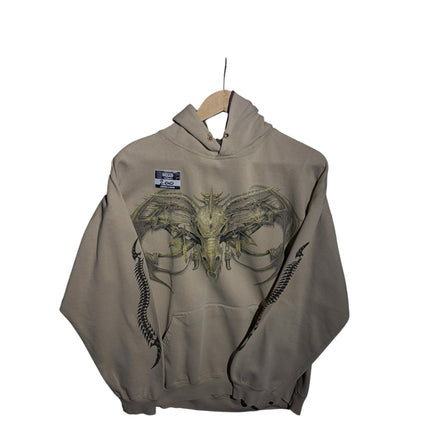 OutOf10 sand-beige cotton-blend pullover hoodie featuring intricate dragon graphic artwork and a front kangaroo pocket.