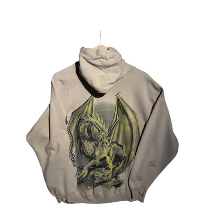 OutOf10 sand-beige cotton-blend pullover hoodie featuring a detailed back graphic of a mythical dragon illustration.