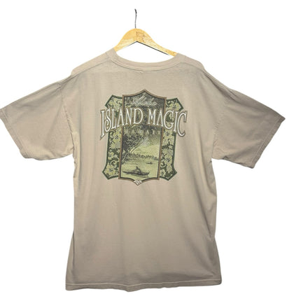 OutOf10 sand-toned cotton t-shirt with a vintage-inspired tropical Island Magic graphic print on the back