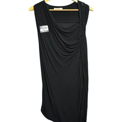 OutOf10 SATCH black sleeveless midi dress with elegant side draping detail hanging on a wooden hanger