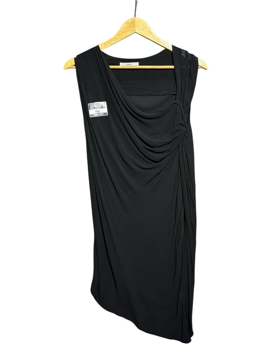 OutOf10 SATCH black sleeveless midi dress with elegant side draping detail hanging on a wooden hanger