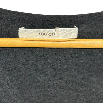 OutOf10 SATCH sleeveless black midi dress featuring a branded fabric label on a wooden hanger
