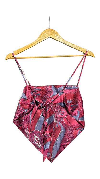 OutOf10 satin scarf-style crop top in pink and purple paisley print with spaghetti straps and tie-back closure.