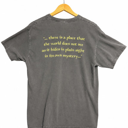 OutOf10 charcoal grey cotton band t-shirt featuring a yellow quote on the back from Savatage Poets and Madmen album.