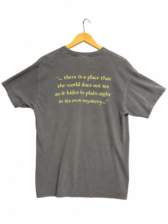 OutOf10 charcoal grey cotton band t-shirt featuring a yellow quote on the back from Savatage Poets and Madmen album.