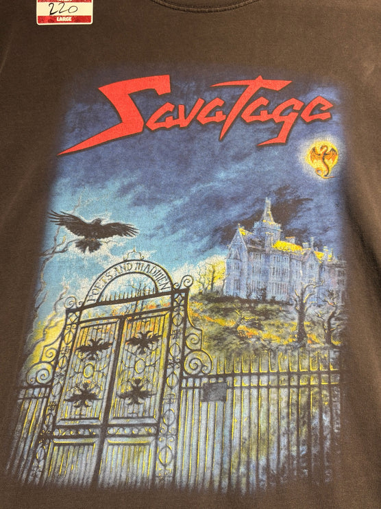 OutOf10 charcoal grey Savatage Poets and Madmen graphic t-shirt featuring gothic gate and castle album artwork