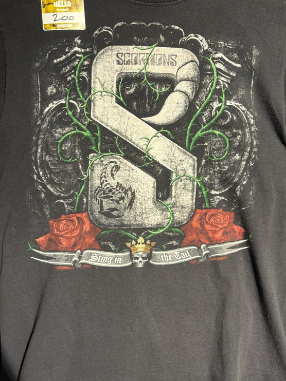 OutOf10 washed-black cotton Scorpions Sting in the Tail tour t-shirt with scorpion, rose, and vine graphic print.