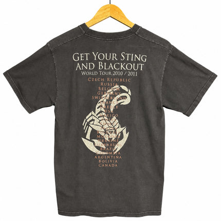 OutOf10 washed-black cotton t-shirt featuring the Scorpions 2010-2011 world tour dates and scorpion graphic on the back.