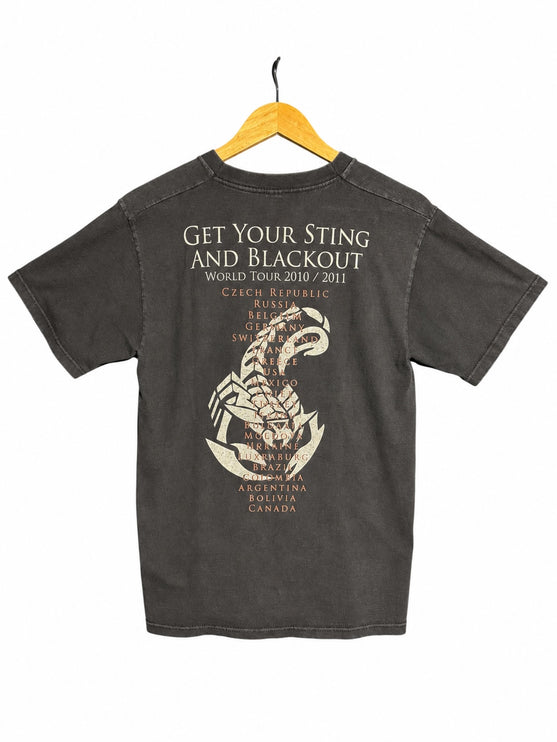 OutOf10 washed-black cotton t-shirt featuring the Scorpions 2010-2011 world tour dates and scorpion graphic on the back.