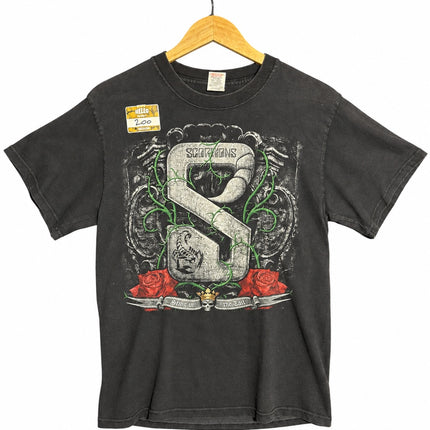 OutOf10 washed-black cotton Scorpions Sting in the Tail tour t-shirt with graphic S emblem, roses, and scorpion motif.