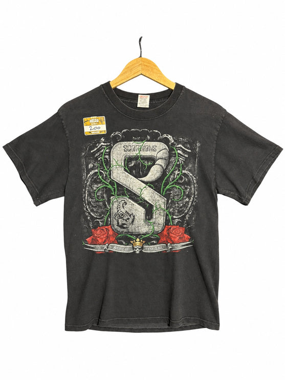 OutOf10 washed-black cotton Scorpions Sting in the Tail tour t-shirt with graphic S emblem, roses, and scorpion motif.