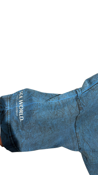 OutOf10 blue marble effect cotton t-shirt sleeve with Sea World Gold Coast Australia branding print