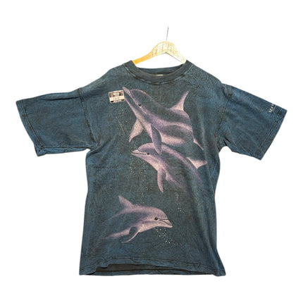 OutOf10 vintage-style blue marble cotton t-shirt featuring a dolphin graphic print and Sea World Gold Coast branding.