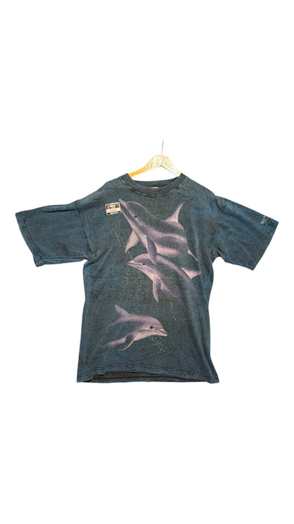 OutOf10 vintage-style blue marble cotton t-shirt featuring a dolphin graphic print and Sea World Gold Coast branding.