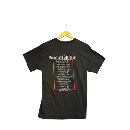 OutOf10 black vintage Simon and Garfunkel 2003 tour t-shirt showing back graphic with list of concert tour cities
