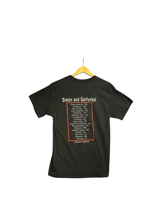 OutOf10 black vintage Simon and Garfunkel 2003 tour t-shirt showing back graphic with list of concert tour cities