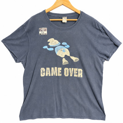 OutOf10 slate-blue cotton crew neck t-shirt with a distressed retro Game Over graphic print on a wooden hanger.