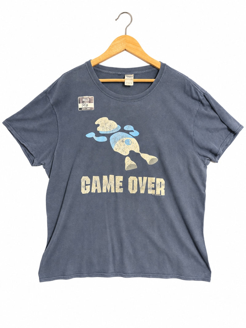 OutOf10 slate-blue cotton crew neck t-shirt with a distressed retro Game Over graphic print on a wooden hanger.