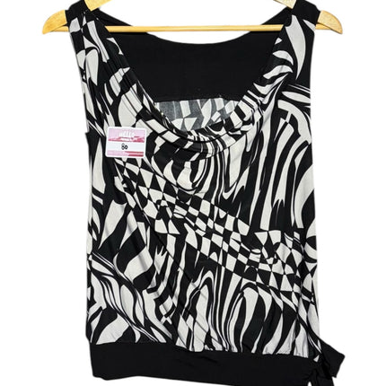 OutOf10 sleeveless cowl neck blouse in black and white with an abstract zebra print and side tie detail on a hanger.