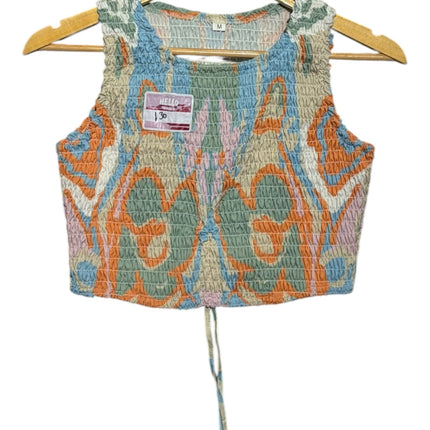 OutOf10 sleeveless smocked crop top with a multi-coloured abstract print, high neck, and adjustable tie-hem detail.