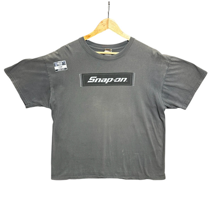 OutOf10 charcoal grey vintage-wash cotton crewneck t-shirt with a rectangular Snap-on logo graphic on the chest.
