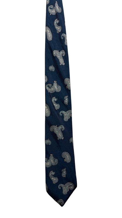 OutOf10 SPERANZA navy blue necktie featuring an intricate muted paisley pattern for formal business or wedding attire.