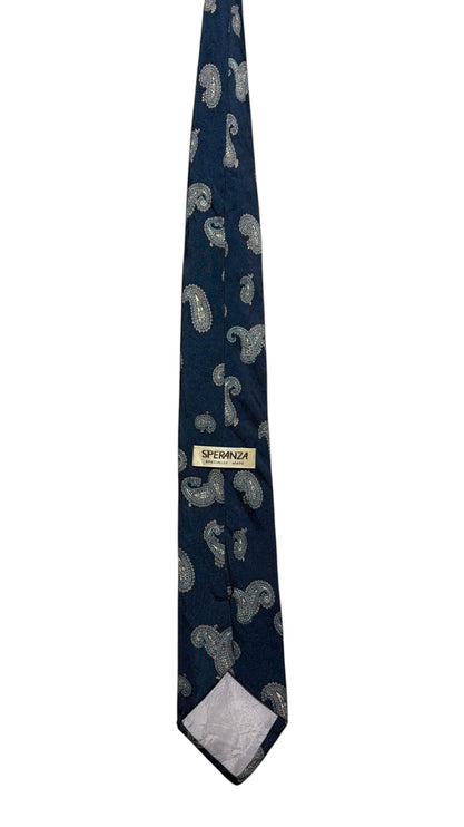 OutOf10 SPERANZA navy blue necktie with intricate paisley pattern and branded label on a white background