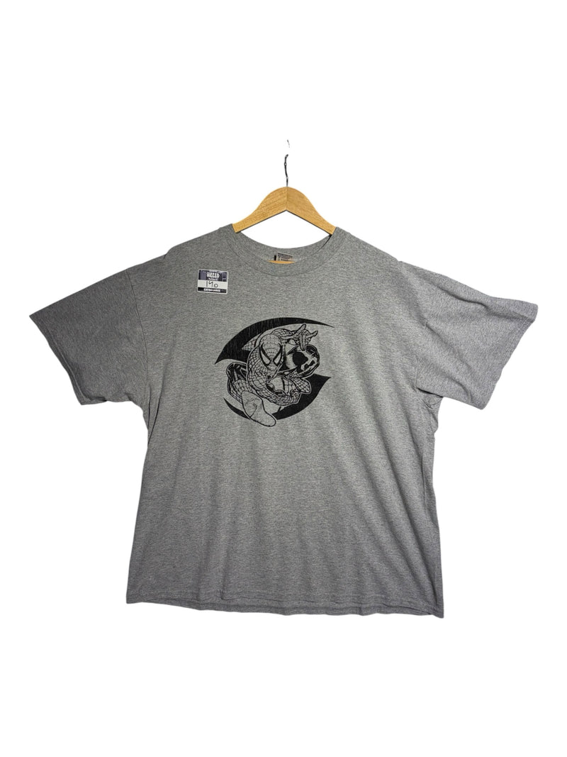 OutOf10 heather grey cotton-blend crewneck t-shirt featuring a black Spider-Man graphic print on a crescent backdrop.