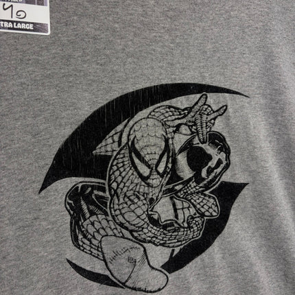 OutOf10 heather grey crewneck t-shirt featuring a black and white Spider-Man graphic in a dynamic pose