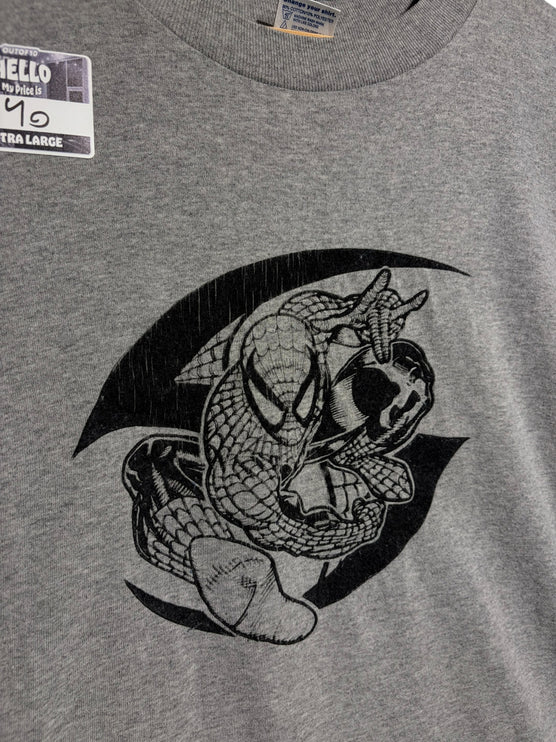 OutOf10 heather grey crewneck t-shirt featuring a black and white Spider-Man graphic in a dynamic pose