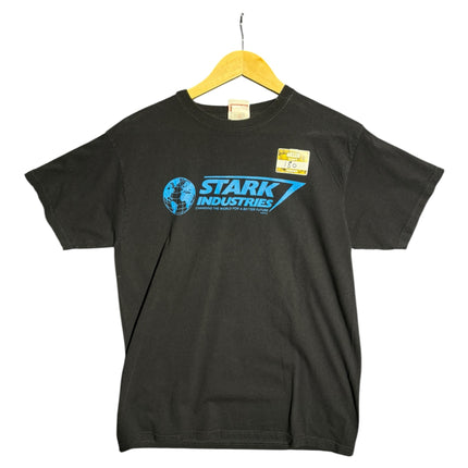 OutOf10 black cotton crewneck t-shirt featuring a blue Stark Industries logo and globe graphic on the chest.