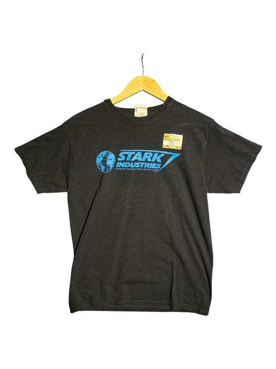 OutOf10 black cotton crewneck t-shirt featuring a blue Stark Industries logo and globe graphic on the chest.