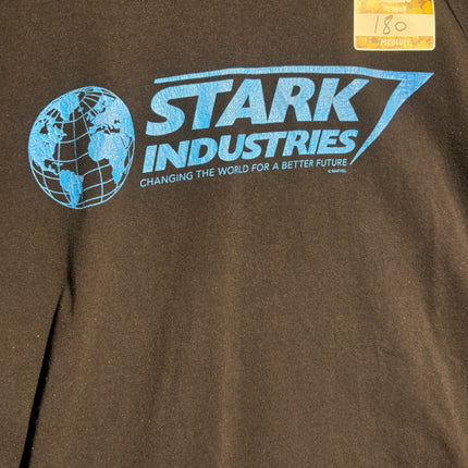 OutOf10 black cotton crewneck t-shirt featuring a blue Stark Industries globe logo and slogan graphic print.
