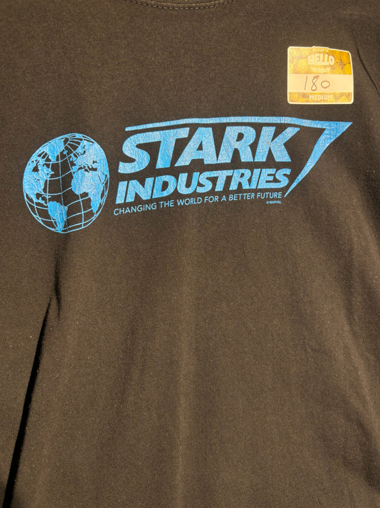 OutOf10 black cotton crewneck t-shirt featuring a blue Stark Industries globe logo and slogan graphic print.