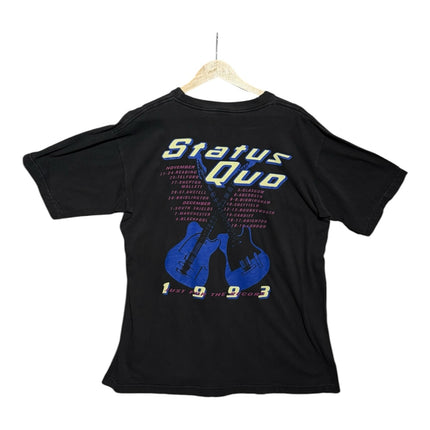 OutOf10 vintage black cotton Status Quo 1993 tour t-shirt with blue guitar graphic and tour dates on the back