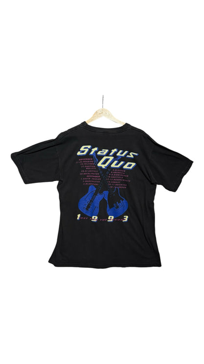 OutOf10 vintage black cotton Status Quo 1993 tour t-shirt with blue guitar graphic and tour dates on the back