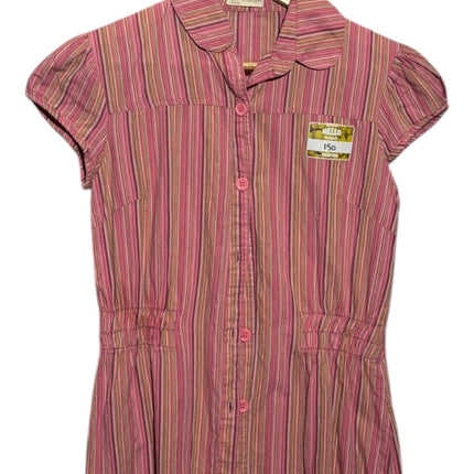 OutOf10 pink and earth-toned striped button-down shirt dress with cap sleeves and a gathered waist on a hanger