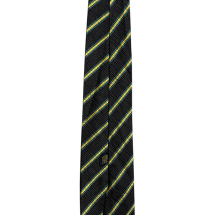 OutOf10 black formal necktie with diagonal yellow and green stripes and a small embroidered emblem
