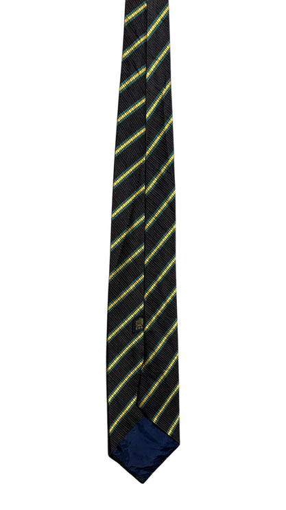 OutOf10 black formal necktie with diagonal yellow and green stripes and a small embroidered emblem