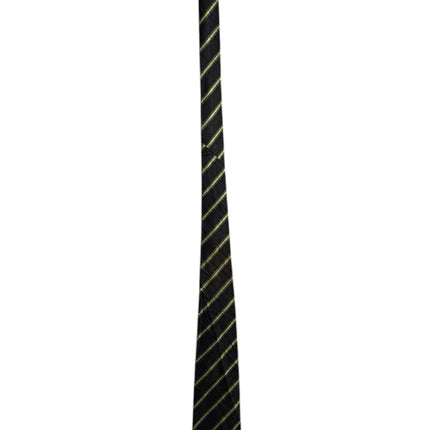 OutOf10 formal necktie in black with diagonal yellow and green stripes and textured fabric finish.
